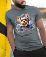 Elegant Yorkshire Terrier Floral Art Luxury Dog Graphic T-Shirt - model wearing grey tee, leaning on column