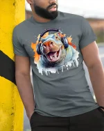 Funny Hippo With Headphones Music Lover Art Graphic Tee - model wearing grey tee, leaning on column