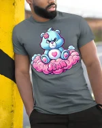 Cute Grumpy Bear Sitting On Cloud Jenn Name Graphic Tee - model wearing grey tee, leaning on column