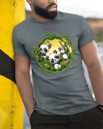 Cute Panda Bamboo Circle Graphic T Shirt - model wearing grey tee, leaning on column
