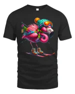 Skiing Flamingo Art T Shirt Funny Winter Adventure Graphic Tee - black t-shirt on white background