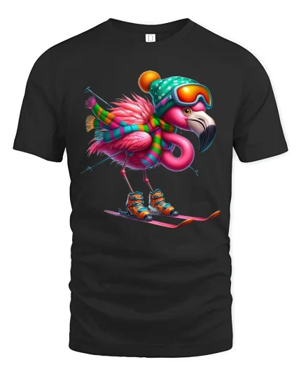 Skiing Flamingo Art T Shirt Funny Winter Adventure Graphic Tee - black t-shirt on white background
