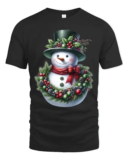 Christmas Snowman T Shirt Cozy Holiday Wreath Art Graphic Tee - black t-shirt on white background