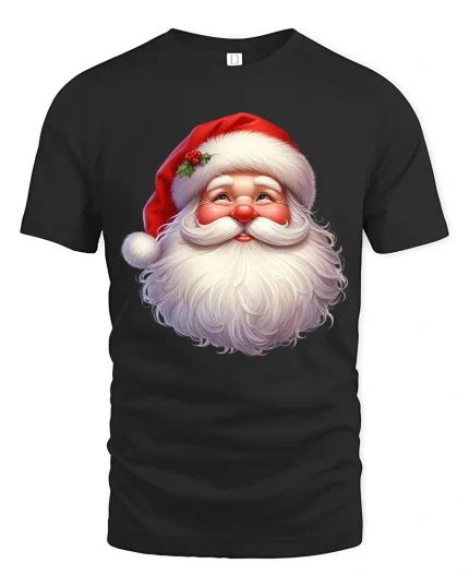 Smiling Santa Face T Shirt Classic Christmas Cheer Graphic Tee - black t-shirt on white background
