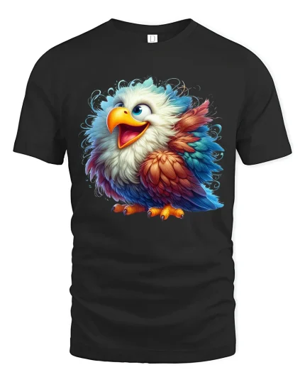 Cute Colorful Eagle Art T Shirt Happy Feather Burst Graphic Tee - black t-shirt on white background