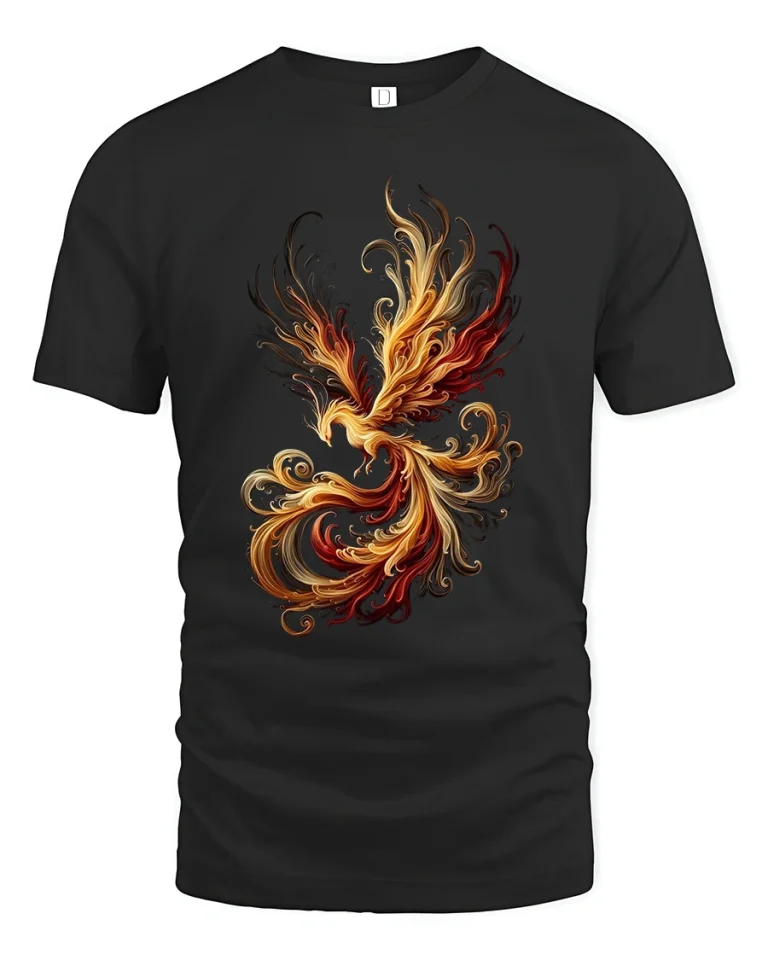 Abstract Fire Phoenix Art T Shirt Elegant Flame Motion Graphic Tee - black t-shirt on white background