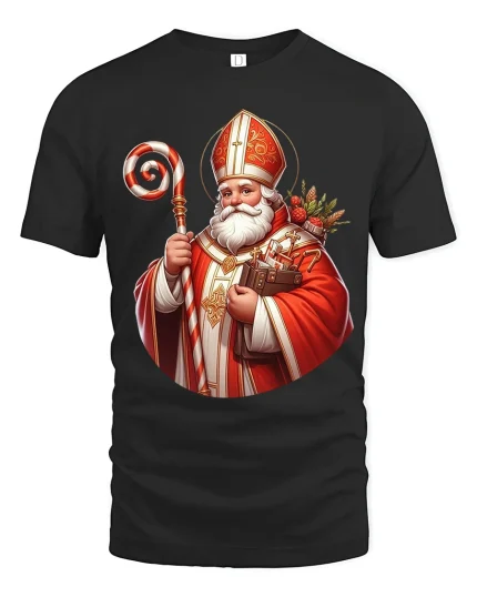 Saint Nicholas Christmas Art T Shirt Classic Holiday Tradition Graphic Tee - black t-shirt on white background