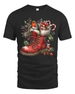Christmas Robin Boot Art T Shirt Cozy Holiday Charm Graphic Tee - black t-shirt on white background