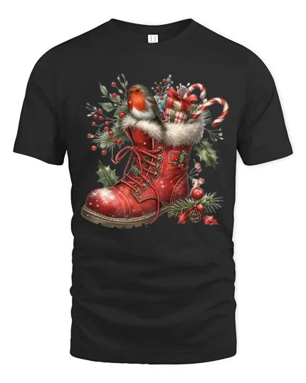 Christmas Robin Boot Art T Shirt Cozy Holiday Charm Graphic Tee - black t-shirt on white background