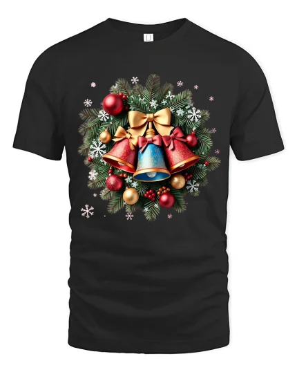 Christmas Bells Wreath Art T Shirt Classic Holiday Harmony Graphic Tee - black t-shirt on white background