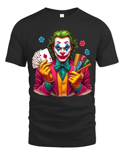 Crazy Joker Casino Art T Shirt Bold Cards And Chips Graphic Tee - black t-shirt on white background