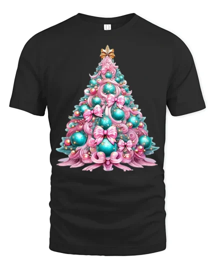 Pastel Christmas Tree Art T Shirt Elegant Holiday Decor Graphic Tee - black t-shirt on white background
