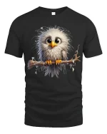 Cute Fluffy Owl Art T Shirt Adorable Big Eyes Graphic Tee - black t-shirt on white background