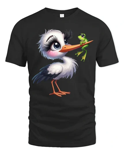 Cute Stork And Frog Cartoon T Shirt Whimsical Animal Friendship Tee - black t-shirt on white background