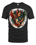 Fire and Shadow Phoenix Face T Shirt Mythic Power Art Tee - black t-shirt on white background