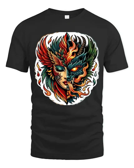 Fire and Shadow Phoenix Face T Shirt Mythic Power Art Tee - black t-shirt on white background