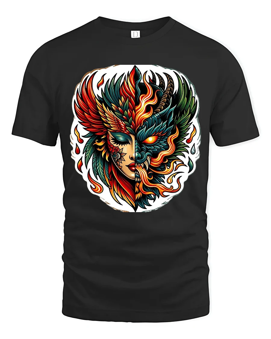 Fire and Shadow Phoenix Face T Shirt Mythic Power Art Tee - 1 Fire and Shadow Phoenix Face T Shirt Mythic Power Art Tee - black t-shirt on white background