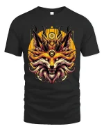 Horned Fox Art T Shirt Fierce Mystic Creature Graphic Tee - black t-shirt on white background
