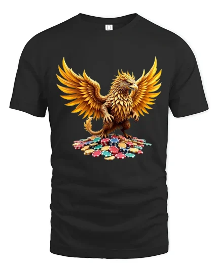 Golden Griffin Casino Art T Shirt Lucky Mythic Power Graphic Tee - black t-shirt on white background