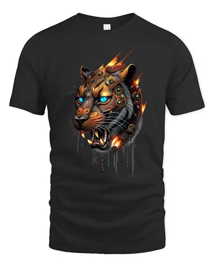 Cyber Tiger Warrior Art T Shirt Fierce Power Graphic Tee - black t-shirt on white background