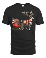 Christmas Reindeer Sleigh Art T Shirt Festive Holiday Magic Tee - black t-shirt on white background