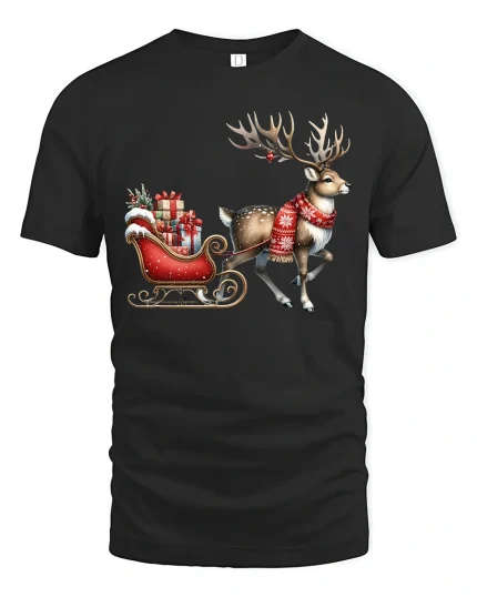 Christmas Reindeer Sleigh Art T Shirt Festive Holiday Magic Tee - black t-shirt on white background