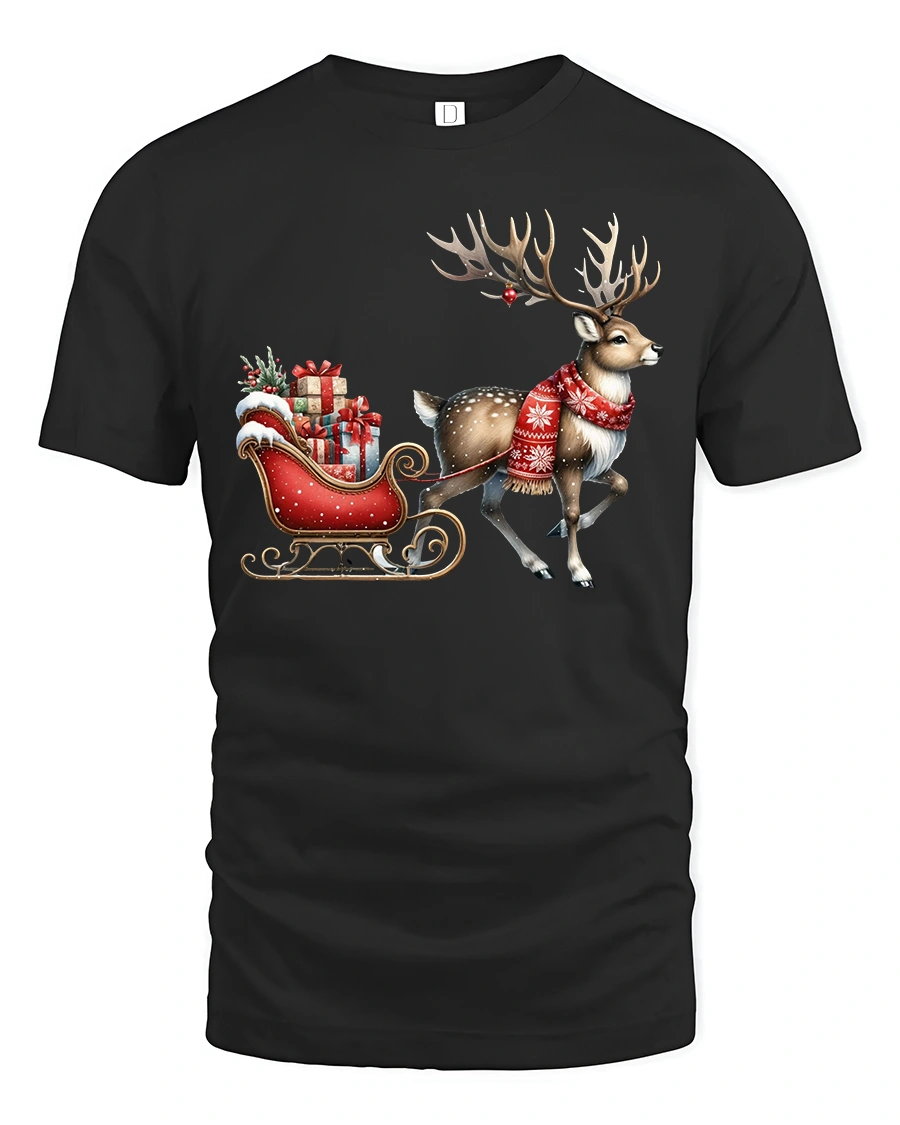 Christmas Reindeer Sleigh Art T Shirt Festive Holiday Magic Tee - 1 Christmas Reindeer Sleigh Art T Shirt Festive Holiday Magic Tee - black t-shirt on white background