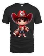 Cute Football Cowboy Kid Art T Shirt Playful Game Day Spirit Tee - black t-shirt on white background