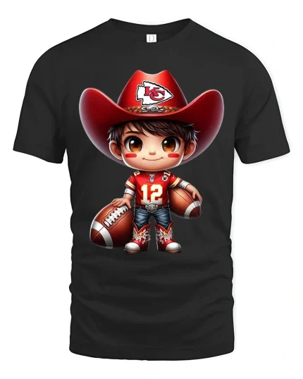Cute Football Cowboy Kid Art T Shirt Playful Game Day Spirit Tee - black t-shirt on white background