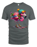 Skiing Flamingo Art T Shirt Funny Winter Adventure Graphic Tee - gray t-shirt on white background
