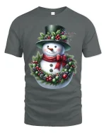 Christmas Snowman T Shirt Cozy Holiday Wreath Art Graphic Tee - gray t-shirt on white background