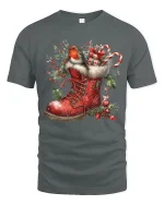 Christmas Robin Boot Art T Shirt Cozy Holiday Charm Graphic Tee - gray t-shirt on white background