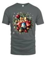 Christmas Bells Wreath Art T Shirt Classic Holiday Harmony Graphic Tee - gray t-shirt on white background