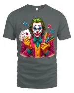 Crazy Joker Casino Art T Shirt Bold Cards And Chips Graphic Tee - gray t-shirt on white background