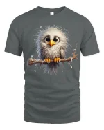 Cute Fluffy Owl Art T Shirt Adorable Big Eyes Graphic Tee - gray t-shirt on white background