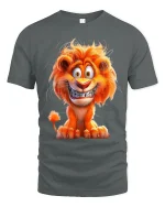 Funny Cartoon Lion Smile T Shirt Happy Wild Animal Graphic Tee - gray t-shirt on white background