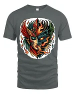 Fire and Shadow Phoenix Face T Shirt Mythic Power Art Tee - gray t-shirt on white background