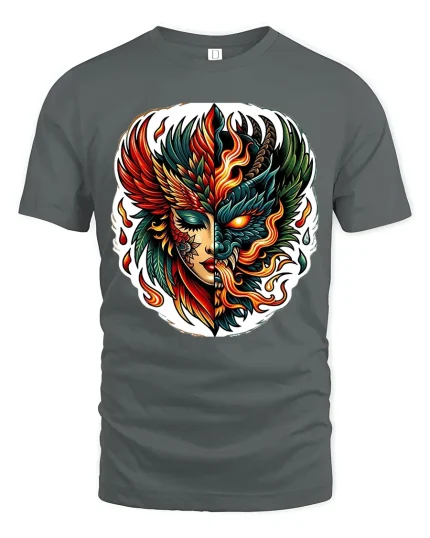 Fire and Shadow Phoenix Face T Shirt Mythic Power Art Tee - gray t-shirt on white background