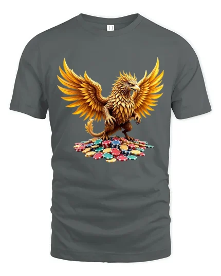 Golden Griffin Casino Art T Shirt Lucky Mythic Power Graphic Tee - gray t-shirt on white background