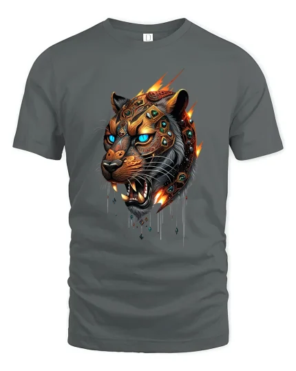 Cyber Tiger Warrior Art T Shirt Fierce Power Graphic Tee - gray t-shirt on white background
