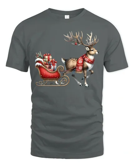 Christmas Reindeer Sleigh Art T Shirt Festive Holiday Magic Tee - gray t-shirt on white background