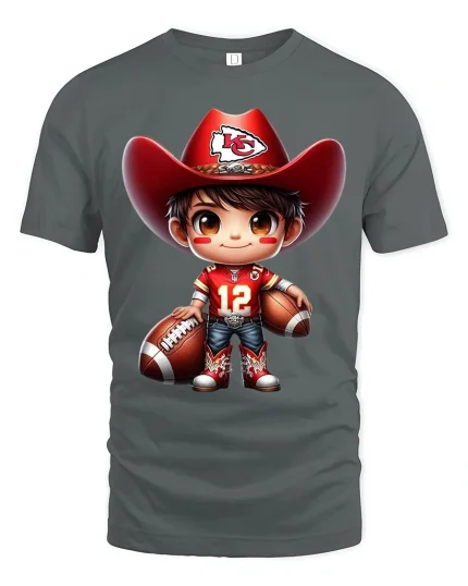 Cute Football Cowboy Kid Art T Shirt Playful Game Day Spirit Tee - gray t-shirt on white background