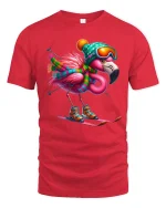 Skiing Flamingo Art T Shirt Funny Winter Adventure Graphic Tee - red t-shirt on white background