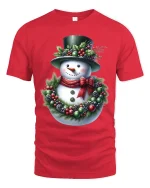 Christmas Snowman T Shirt Cozy Holiday Wreath Art Graphic Tee - red t-shirt on white background