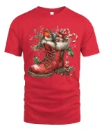 Christmas Robin Boot Art T Shirt Cozy Holiday Charm Graphic Tee - red t-shirt on white background
