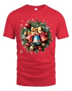 Christmas Bells Wreath Art T Shirt Classic Holiday Harmony Graphic Tee - red t-shirt on white background