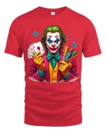 Crazy Joker Casino Art T Shirt Bold Cards And Chips Graphic Tee - red t-shirt on white background