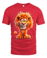 Funny Cartoon Lion Smile T Shirt Happy Wild Animal Graphic Tee - red t-shirt on white background