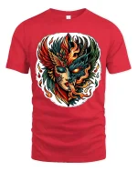 Fire and Shadow Phoenix Face T Shirt Mythic Power Art Tee - red t-shirt on white background