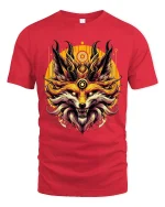 Horned Fox Art T Shirt Fierce Mystic Creature Graphic Tee - red t-shirt on white background
